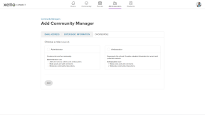 Adding a new community manager. The email address and basic information has been filled in. This step is to choose a role between Administrator and Ambassador.